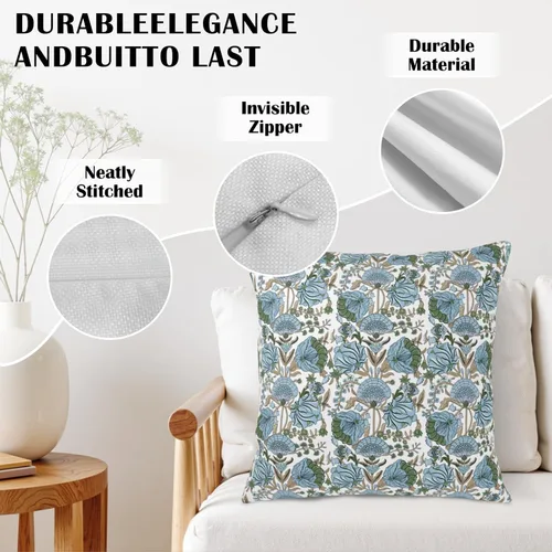 Vista 4 de Juego de 2 fundas de almohada con estampado de bloques azules de 16 x 16 pulgadas, diseño floral verde espárragos, fundas de almohada bohemias