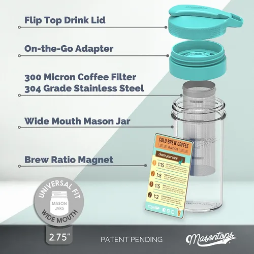 Vista 9 de Masontops Kit para preparar café frío – Cafetera helada de lujo con jarra de vidrio y filtro de malla de acero inoxidable – Sistema de nevera fácil