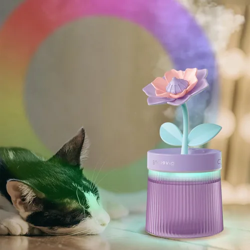 Vista 3 de Humidificador de niebla fría de 8.8 fl oz con linda flor, humidificador USB con luz, difusor de aceite esencial, difusor de aceite de aromaterapia