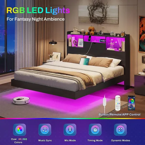 Vista 4 de DICTAC Base de cama flotante matrimonial con luces LED y cabecera de almacenamiento, cama flotante visual con estación de carga, cama de plataforma