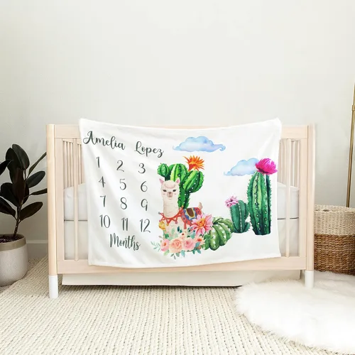 Vista 8 de Manta de bebé de alpaca personalizada, manta de bebé con nombre personalizado, decoración de guardería de cactus, recién nacido, regalos