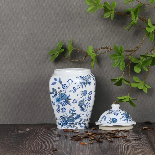 Vista 7 de Tarro de jengibre chino con tapa, estilo antiguo, decoración del hogar, retro, flores de porcelana azul y blanca, jarrón cubierto de cerámica, Tarro