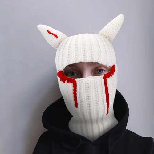 Vista 4 de Funny Horns - Gorro de punto creativo para Halloween, gorro de cara completa, máscara de esquí, resistente al viento, pasamontañas