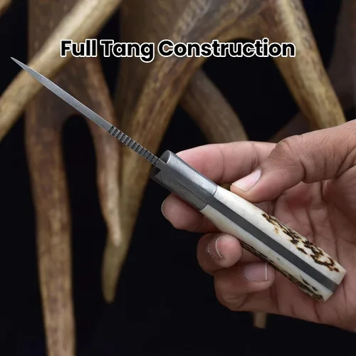 Vista 6 de Knives Ranch BIJOU - Cuchillo de caza EDC hecho a mano, acero de damasco, espiga completa, agarre de asta de ciervo, funda horizontal