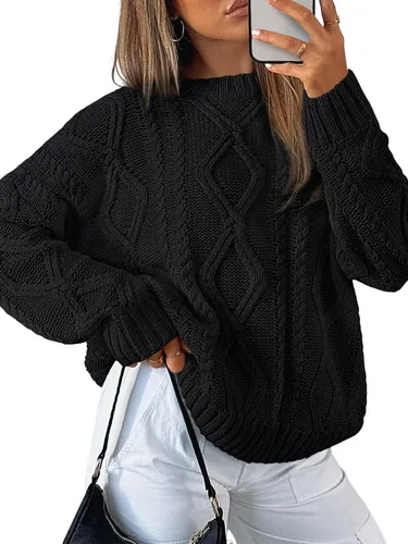 Vista 22 de Trendy Queen Suéteres de punto trenzado de gran tamaño para mujer, trajes Verde militar