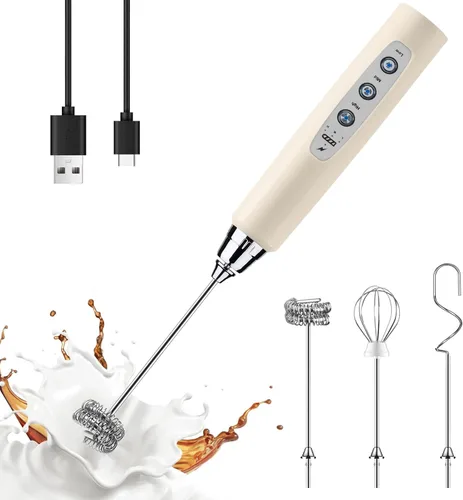 Vista 15 de YUSWKO Baby Blue - Varita espumadora de leche de mano para café, batidor eléctrico recargable con 3 cabezales, 3 velocidades, mezclador de bebidas