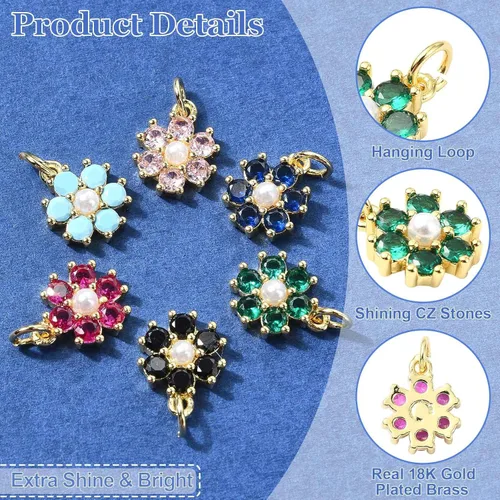 Vista 3 de Stiesy 10 dijes chapados en oro de 18 quilates al azar con forma de flor de latón, micro pavimenta colorida circonita cúbica CZ piedra colgante