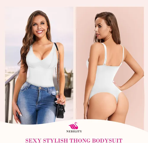 Vista 2 de Nebility Entrenador de cintura para mujer faja moldeadora de cuerpo sexy cuello en V profundo tanga con control de abdomen