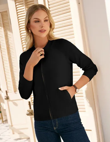 Vista 4 de GRACE KARIN Cárdigan de manga larga con cremallera para mujer, suéter ligero, ropa de moda de punto Negro