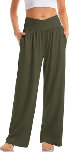 Vista 4 de Pantalones de yoga de pierna ancha con bolsillos para mujer, pantalones deportivos de cintura alta cruzados, holgados, cómodos, holgados, pantalones