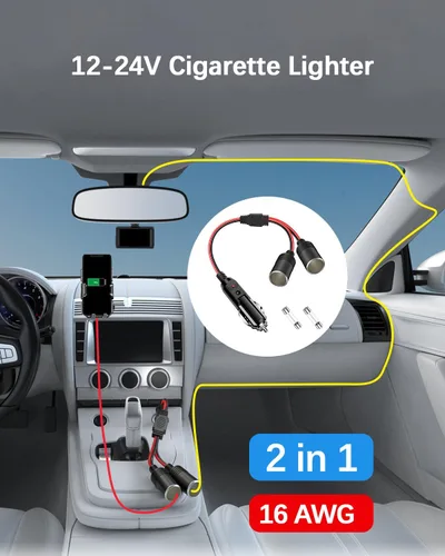 Vista 7 de Adaptador divisor de encendedor de cigarrillos para automóvil, 2 enchufes, cable de extensión de salida múltiple de 12 V-24 V, doble enchufe hembra