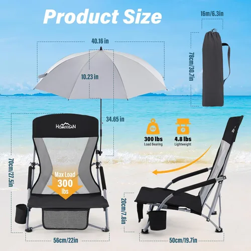 Vista 2 de Homcosan Silla de playa portátil baja plegable con paraguas desmontable, silla de campamento ligera para adultos con portavasos y bolsillo