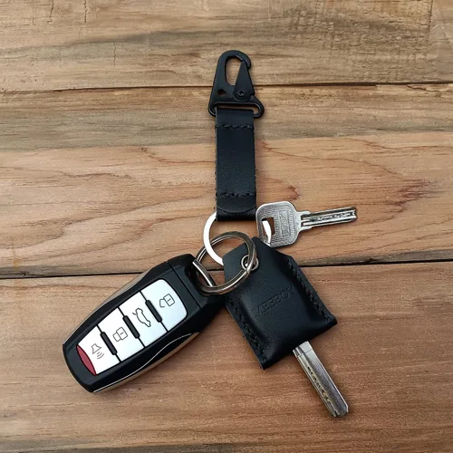 Vista 4 de handmade Keychain leather Protective Key Case Cover key fob protector Key Holder Small Home Storage Bag Key Ring Pouch (Small-black)