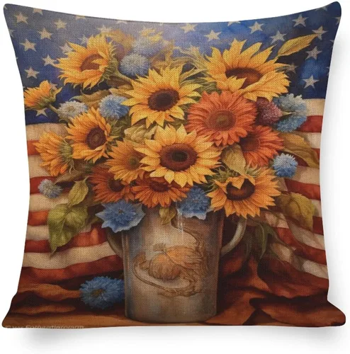 Vista 9 de Funda de cojín de lino para decoración del hogar al aire libre, 4 de julio, Día de la Independencia, celebración del 4 de julio, celebración retro