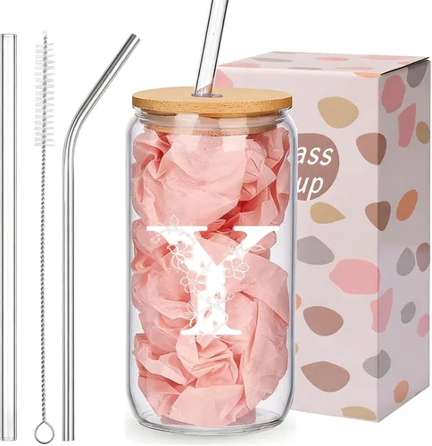 Vista 28 de Regalos personalizados para mujeres, tazas de vidrio con monograma con tapas y pajitas, regalos personalizados para mujeres, vasos de café helado