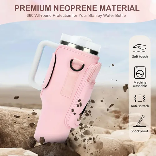 Vista 4 de Soporte para botella de agua con inicial para vaso Stanley Cup de 40 onzas, bolsa de transporte para botella de agua con correa para Stanley Simple