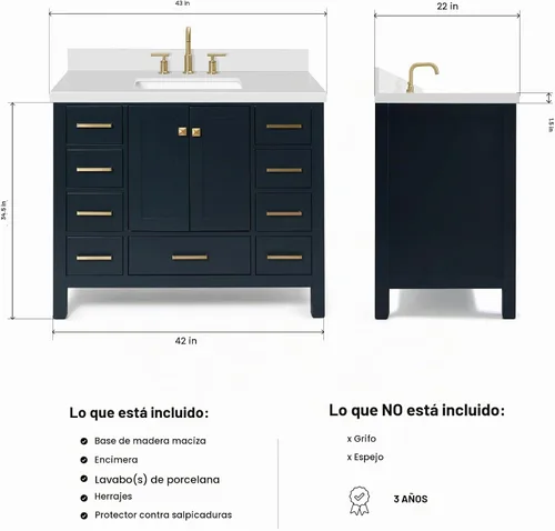 Vista 2 de ARIEL Cambridge - Mueble de baño con lavabo de 42 pulgadas, madera maciza, encimera de cuarzo blanco puro de 1.5 pulgadas, fregadero rectangular