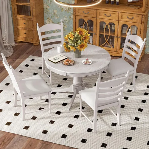 Vista 4 de Juego de mesa de comedor redonda extensible retro de 5 piezas, mesa de comedor ajustable de madera maciza de 42 a 58 pulgadas con 4 sillas de Blanco