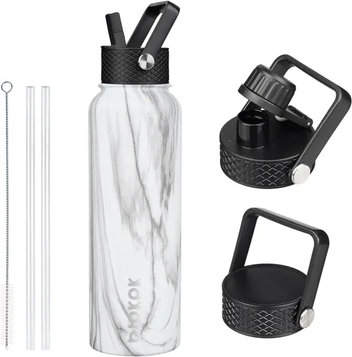 Vista 11 de BJPKPK Botellas de Agua Aisladas con Tapa de Pajita, Botella de Agua de Acero Inoxidable de 18oz, Termo Frío Caliente con 3 Tapas, Vaso de Viaje a