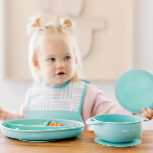 Vista 5 de Bazzle Baby Foodie Feeding Set for babies - roll up bib suction plate, bowll