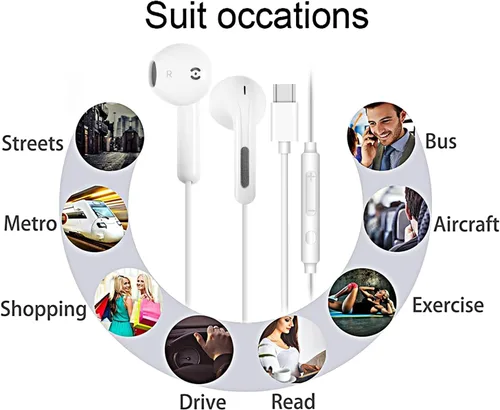 Vista 6 de Auriculares USB C para iPhone 16/15 Pro Max/Plus, auriculares con cable con micrófono y control de volumen, auriculares estéreo de alta fidelidad
