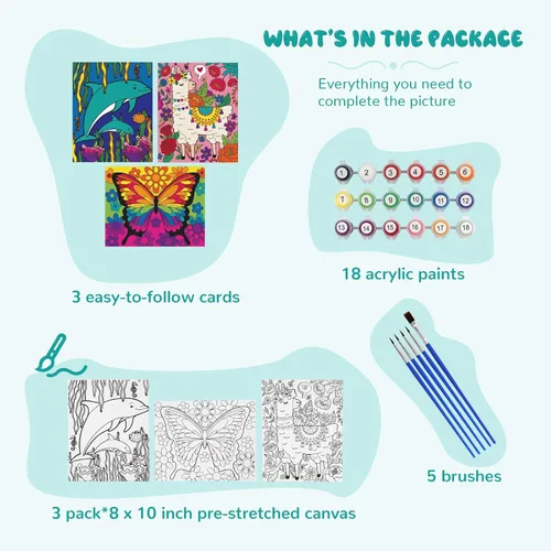Vista 2 de goldentime Paquete de 3 Kits de Pintura por Números para Niños, Pintura en Lienzo Predibujado, Incluye Lienzo Enmarcado de 8 x 10 Pulgadas con 18