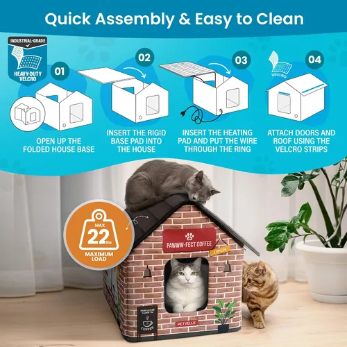 Vista 2 de Casa climatizada de lujo para gatos para invierno - Resistente a la intemperie, aislada, fácil montaje, almohadilla térmica para gatos, puertas
