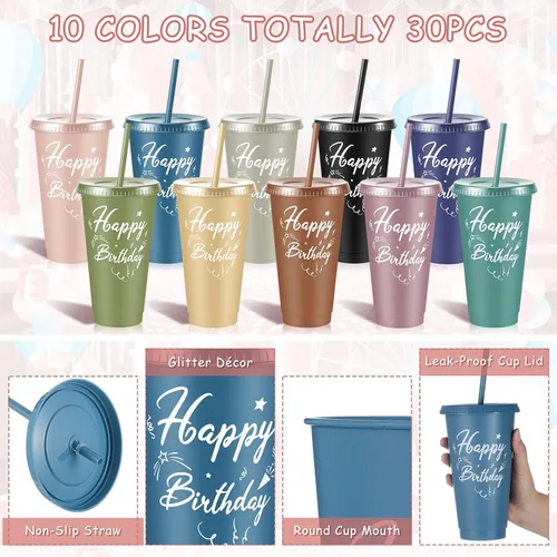 Vista 3 de Uiifan Paquete de 30 vasos de cumpleaños con tapas y pajitas, tazas de Color Morandi