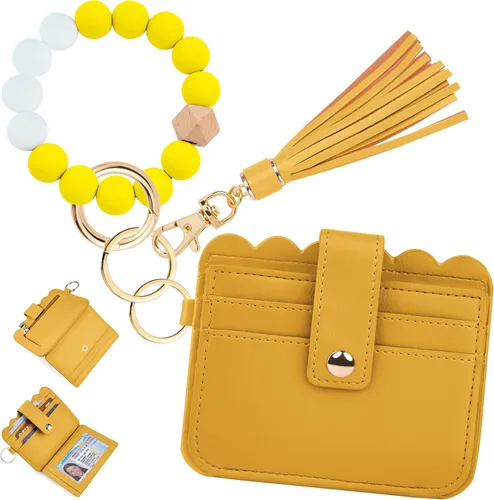 Vista 23 de Cartera de pulsera para mujer con llavero – Tarjetero RFID pequeña cartera con llavero Beige