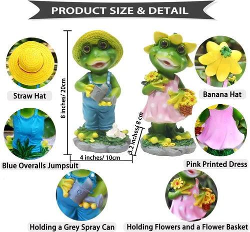 Vista 3 de 2 estatuas de pareja de ranas – Divertida estatua de rana para decoración del hogar, jardín, patio, regalo para los amantes de la jardinería