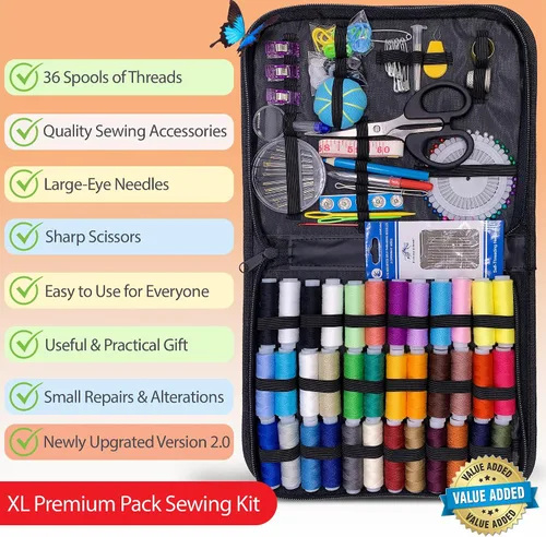 Vista 8 de Kit de costura para adultos con suministros y accesorios de costura, kit de costura a mano básico para pequeñas reparaciones, kit de costura
