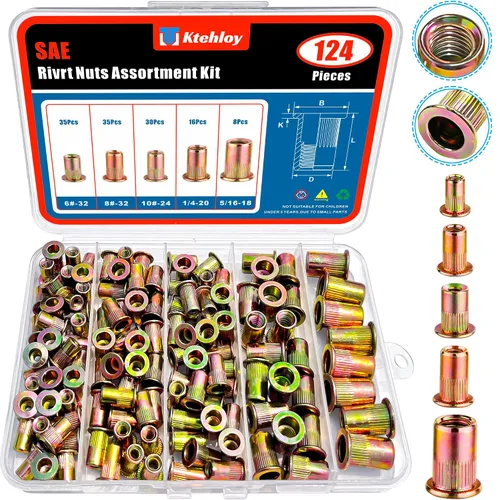 Vista 10 de 100 tuercas de remache de acero al carbono de 1/4 pulgadas a 20UNC de cabeza plana, tuercas roscadas de acero al carbono chapadas en zinc, cuerpo
