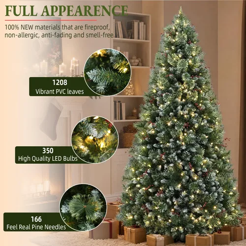 Vista 2 de Árbol de Navidad preiluminado flocado de 6 pies con agujas de Pino parcialmente flocado