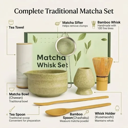 Vista 2 de Juego de 7 batidores de matcha, kit de cerámica con cuenco, batidor y soporte de bambú, cuchara de bambú, tamiz y toalla de té, juego de regalo
