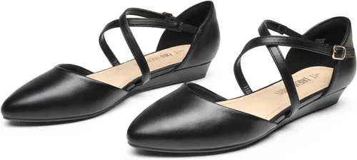 Vista 2 de DREAM PAIRS Zapatos planos de tacón bajo con correa de tobillo y punta puntiaguda para mujer, zapatos de vestir cómodos y casuales para negocios