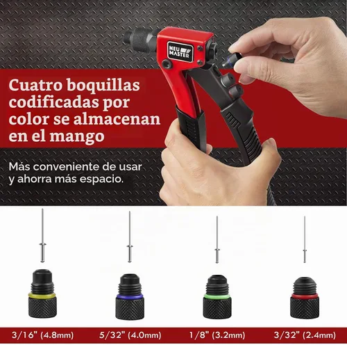 Vista 4 de NEU MASTER Pistola de remache con 200 remaches, kit de pistola de remache manual con 4 cabezales de remache intercambiables sin herramientas