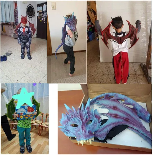 Vista 5 de XIANIWTA Disfraz de alas de dragón para niños conjunto de máscara de cola de dinosaurio disfraz de cosplay