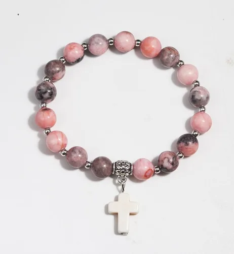 Vista 3 de Regalos cristianos para mujeres, hombres, pulsera elástica de cuentas cruzadas católicas religiosas, regalos de joyería curativa de piedra natural