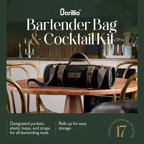 Vista 4 de Barillio Bolsa de Kit de Barman con Juego de Coctelera Negra – Lona Encerada, Bolsa de Herramientas de Bar de Viaje con Kit de Cóctel de 17 Piezas
