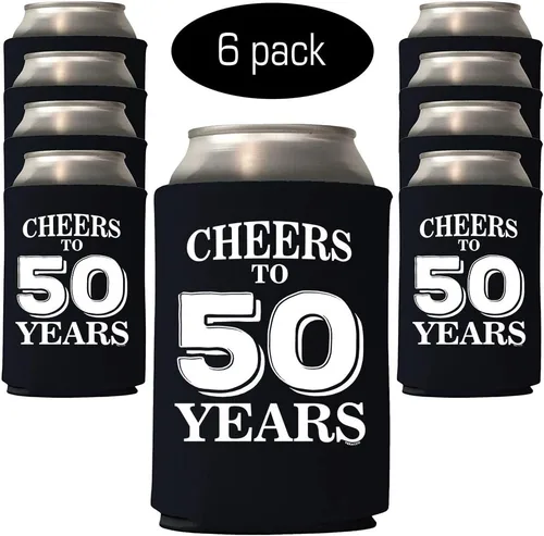 Vista 3 de Veracco Cheers To 50 Years - Regalo de quinto cumpleaños para fiesta de cincuenta y fabulosos recuerdos de fiesta, soporte para latas (negro, 6)