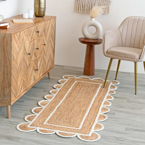 Vista 5 de Alfombra festoneada de yute natural, base natural, borde blanco hueso, 2 x 3