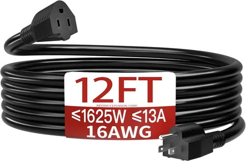Vista 7 de Cable de extensión corto de 16/3 de 1 pie, cable de extensión negro flexible y duradero, cable de alimentación de 3 clavijas para interiores