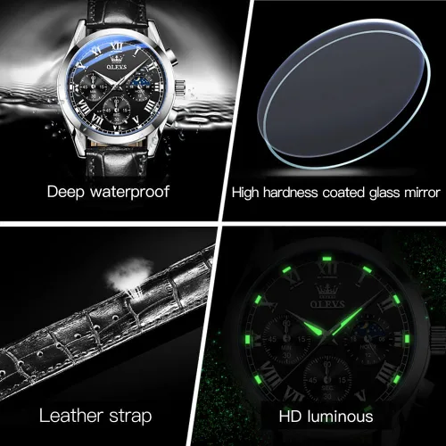 Vista 5 de OLEVS Watch for Men Chronograph Brown Leather Analog Quartz Fashion Business Dress Large Face Men Watch Day Date Luminous Waterproof Casual Male