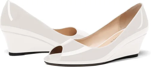 Vista 6 de WAYDERNS Zapatos de tacón bajo con cuña de charol y puntera abierta para mujer de 2 pulgadas