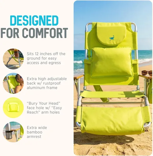 Vista 5 de Ostrich Silla reclinable de salón, Tumbona plegable de lujo para exteriores 3 en 1, Verde Lima - Reclinador compacto y portátil para bronceado