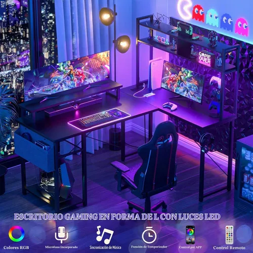 Vista 3 de Aheaplus Escritorio pequeño en forma de L para gaming con luces LED y tomas de corriente, escritorio reversible en forma de L para computadora