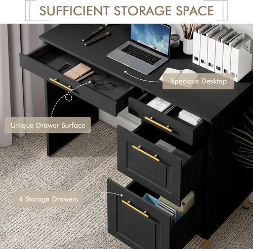 Vista 3 de 4 EVER WINNER Escritorio negro con cajones, modernos escritorios de oficina en casa con asas y cajones dorados, mesa de computadora para espacios
