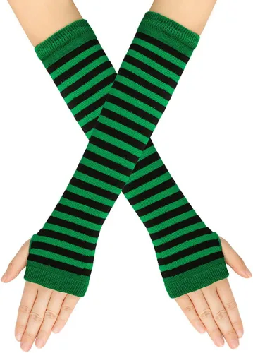 Vista 2 de Benefeet Sox Conjunto de calcetines altos hasta el muslo a rayas arcoíris para mujer, calentadores de brazos, guantes sin dedos, disfraz