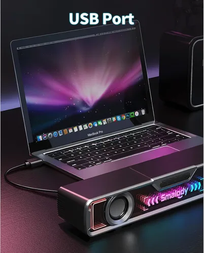 Vista 5 de [Usado] Smalody Altavoz de computadora de escritorio, altavoces inalámbricos de barra de sonido Bluetooth para PC, con cable USB potentes altavoces