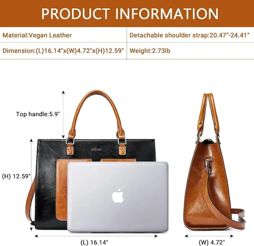 Vista 3 de BROMEN Maletín de cuero para mujer 15.6 pulgadas portátil bolso de hombro negro con marrón y mujeres cuero RFID blcoking cremallera cartera marrón